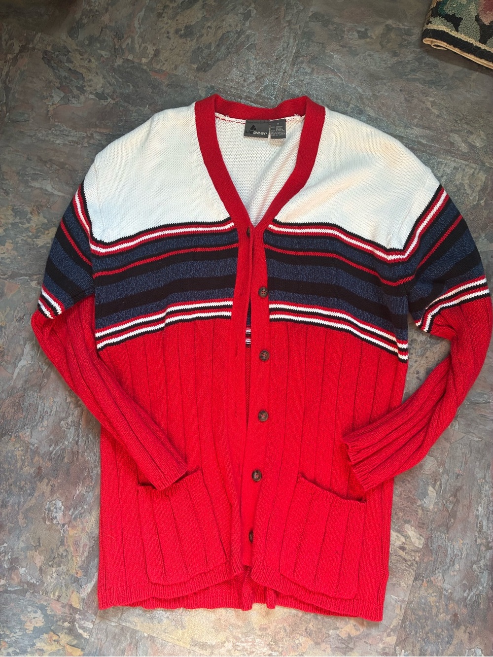 VINTAGE LizWear Womens M Cardigan Red White Blue Stripe Preppy USA Americana 80s